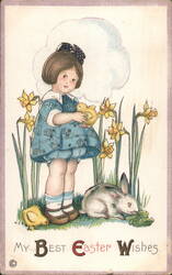 Little Girl with Chicks and Bunny - Easter Greetings Postcard