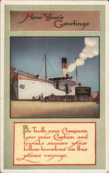 New Year's Greetings - Steamship at Dock Postcard