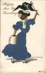 Happy New Year Greetings - Woman in Blue Dress with Pennant Postcard