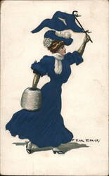 Woman in Blue Dress with Pennant, Happy New Year Postcard