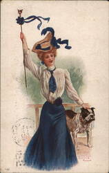 Woman with Bulldog and Pennant Postcard