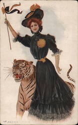 Woman in Black Dress Riding a Tiger Postcard