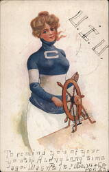 Woman in Blue and White Outfit Steering a Ship's Wheel Postcard