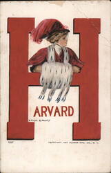 Harvard Girl with Muff, Red Hat, and Veil Postcard