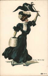 Woman in a Dark Dress with a Fur Muff and Hat, Holding a Pennant Postcard