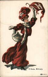 Woman in Red Dress Waving American Flag Postcard