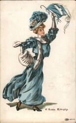 Woman in Blue Dress Waving Pennant Postcard