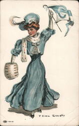 Woman in Blue Dress and Hat with Pennant Postcard