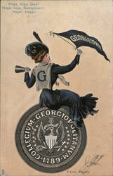 Georgetown University Girl Cheering with Pennant and Megaphone Postcard