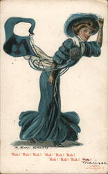 Yale Woman in Blue Dress with Large Letter "M" Pennant Postcard