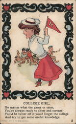 College Girl with Pennant and Running Football Players Postcard