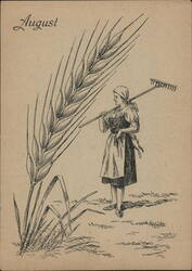 August - Woman with Rake and Wheat Stalk Postcard