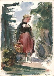 Young Girl with Basket of Flowers Postcard