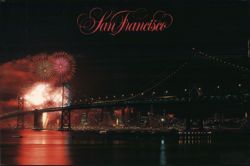 San Francisco Bay Bridge Fireworks, Loma Prieta Earthquake Damage Postcard