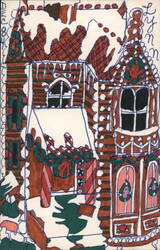 Whimsical Gingerbread House with Snow-Covered Roof Postcard