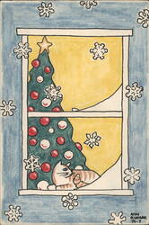 Christmas Window Scene with Cat Postcard