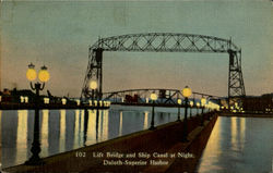 Lift Bridge and Ship Canal at Night, Duluth Superior Harbor Minnesota Postcard Postcard