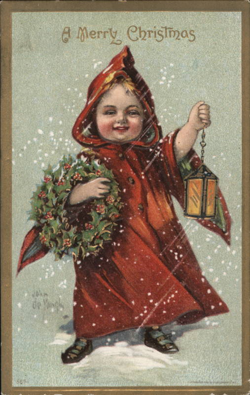 Child Holding Lantern and Wreath While it Snows Children Postcard