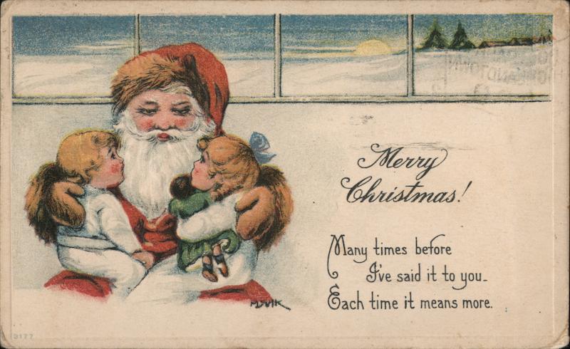 Santa Claus Holding Two Children on His Lap Postcard