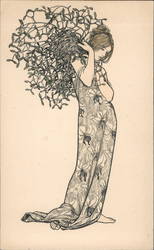 Art Nouveau Woman with Flowers, Vines Holy or Mistletoe? Postcard