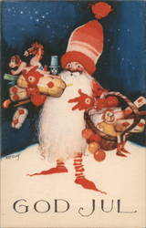 God Jul A short Santa in a red outfit with a huge white beard carrying tons of toys Postcard