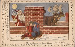 Santa with Sleigh and Reindeer on Rooftop/Children Sleeping Santa Claus Culmer Barnes Postcard Postcard Postcard