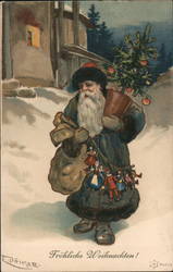 Santa in Dark Blue Robe Delivering Presents on Foot in the Snow Postcard