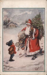 Santa Claus Holding Toys and Tree Talking to Young Boy T. Gilson Postcard Postcard Postcard