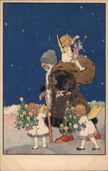 Santa Claus Carrying Toys and Walking with Cherubs Postcard