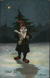 Santa in black robe and red hat walking at night to deliver presents Postcard