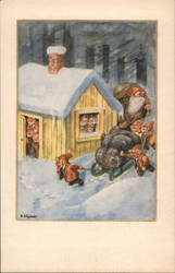 Santa Claus and Elves with Sled Full of Toys in Front of Small House in Woods Robert Högfeldt Postcard Postcard Postcard