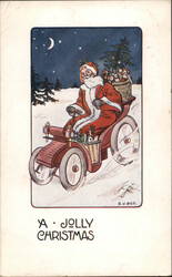 Santa in a red robe driving a red car with his scak of presents on the back. Postcard