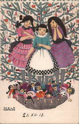 Three Girls with Dolls in front of Christmas Tree Mela Koehler Art Children Postcard Postcard Postcard