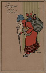 Santa in Red Robe Carrying a Drum and Walking Stick with a Knapsack Full of Toys on his Back Santa Claus E. Kallista Postcard Po Postcard