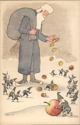 Santa Claus Dressed in Blue Dropping Acorns and Apples to Elves E. Kriedolf Postcard Postcard Postcard