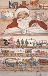 Santa Claus reading his book with toys all around him Postcard Postcard Postcard