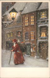 Santa Claus Walking Down Street at Night Postcard