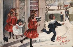 Children Running Out of a House to Get the Mail from the Mailman Postcard