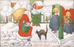 Santa Walking Up to a House with Two Girls and a Cat Santa Claus V. Schonberg Postcard Postcard Postcard