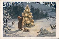 Santa in a brown robe decorating a tree for animals Santa Claus Josef Streyc Ephemera Ephemera Ephemera