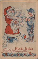 Santa in Red Robe bringing soldier presents Postcard