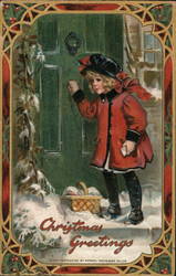 Young Girl With Basket Knocking on Door Postcard