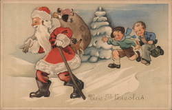 Two Children Chasing Santa Claus Postcard