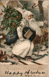 German Santa in White Robe Carrying Tree and Sack of Toys Santa Claus Postcard Postcard Postcard