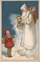 Santa in a white robe floating down to give a girl a doll in a green dress Santa Claus Postcard Postcard Postcard