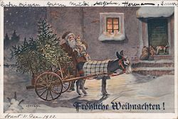 Santa Claus With Wagon Filled With Trees Pulled by Donkey Postcard