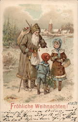 German Santa Claus dressed in tan carrying presents on a stick talking to children Postcard Postcard Postcard