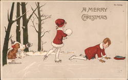 "The Falling" 2 kids playing in the snow with their 2 dogs watching Santa Claus Thomas Barwich Postcard Postcard Postcard