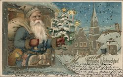 German Santa in Blue Robe With Tree in Hand Santa Claus Postcard Postcard Postcard