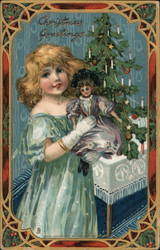 Girl Holding Doll in Front of Decorated Tree Postcard